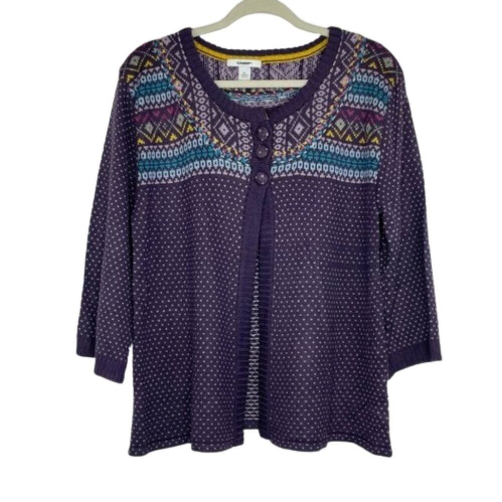 Dress Barn purple knit heart polka dot fair isle cardigan sweater women's XL